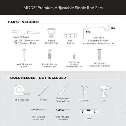 MODE Premium Collection Single Curtain Rod Set with Cylinder finials - 144 to 240 in, Warm Gold