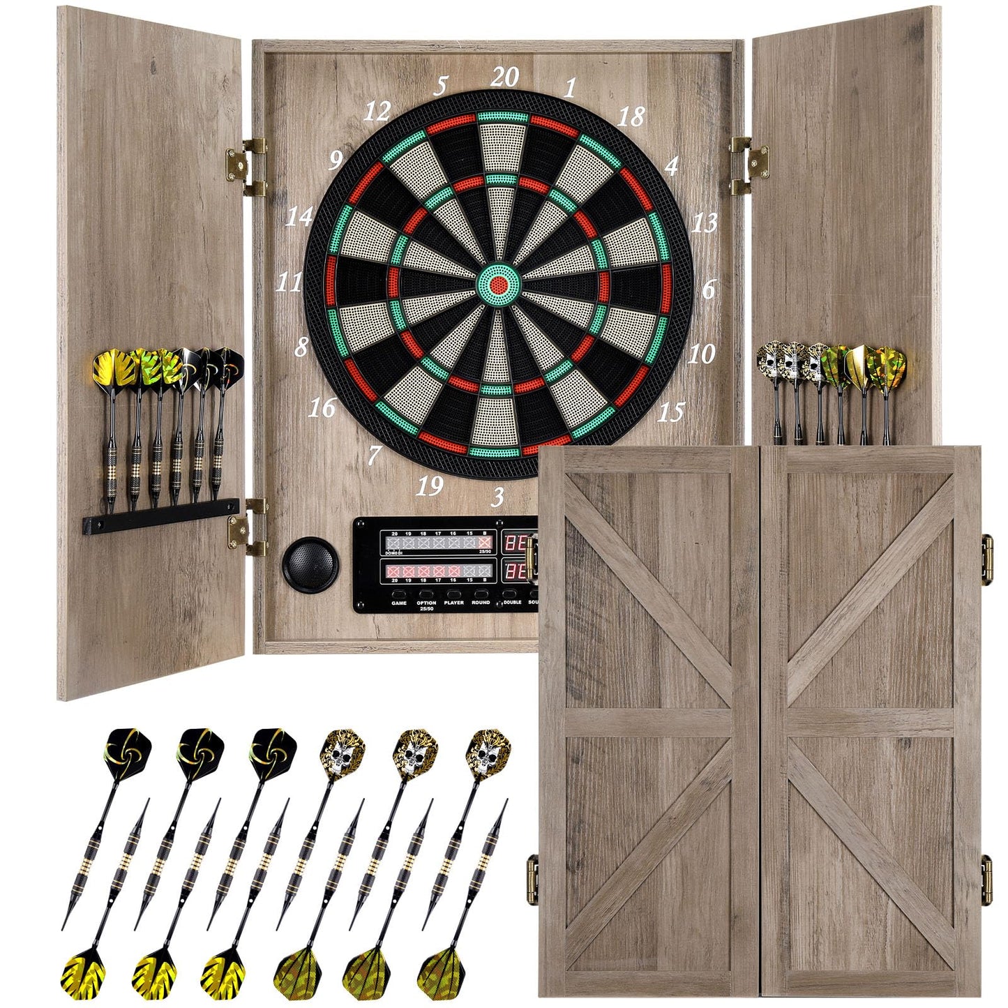 Yirinatek Electronic Dart Board, Decorative Dart Board Cabinet Set for Adults [12*Bronze Soft Tip Darts] [Cricket Game Mode] - Wooden Electric Dartboard Cabinet - Retro Case