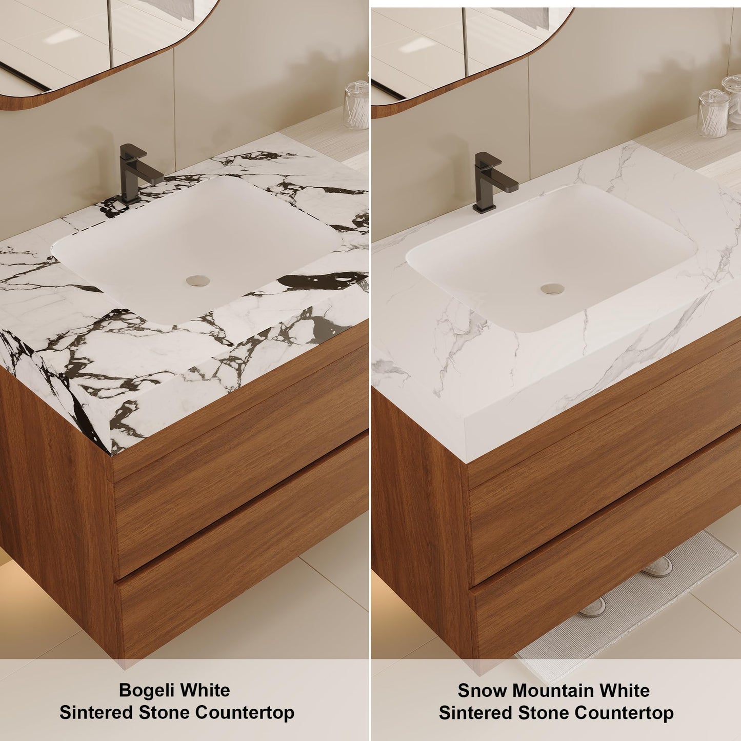 KEIKI 29.9" Bathroom Vanity with Undermount Sink Combo, Modern Floating Vanity Cabinet with 2 Drawers & Open Side Shelves, Storage Wall Mounted Cabinet for Small Space, Walnut Marbe