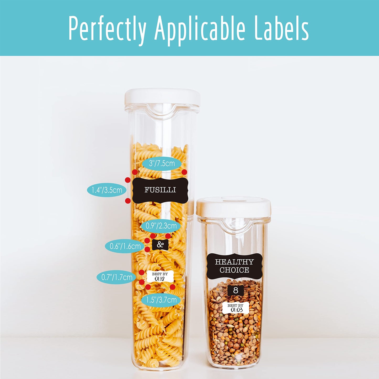 Hebayy 308 Pantry Food Labels, 280 Preprinted Flour Pasta Lentil Grain Condiment Oil Stickers, 28 Blank Ones, Waterproof Oil&Tear Resistant, No Residue for Kitchen Containers Jars(White on Black)