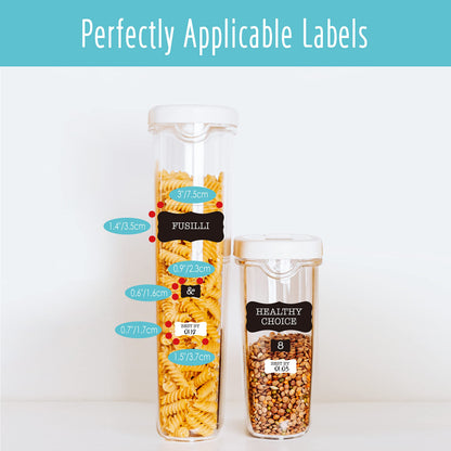 Hebayy 308 Pantry Food Labels, 280 Preprinted Flour Pasta Lentil Grain Condiment Oil Stickers, 28 Blank Ones, Waterproof Oil&Tear Resistant, No Residue for Kitchen Containers Jars(White on Black)
