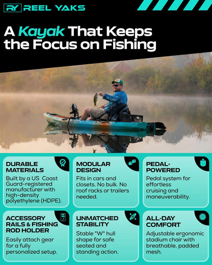 Reel Yaks Radar Modular Fishing Kayak - Fin Drive, 10ft, 400 lbs Capacity, Sunrise - Pedal Fishing Kayaks for Adults & Youth, Sit on Top, Compact Storage, Lightweight, Durable, Easy Transport