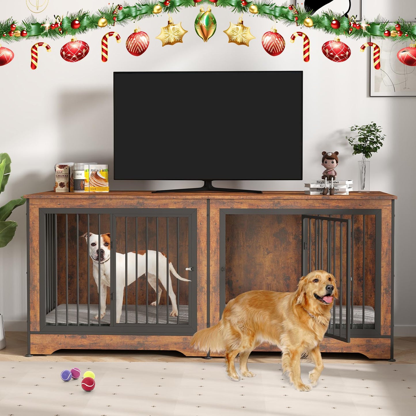 Rovibek 75" Dog Crate Furniture for 2 Dogs, Wooden Extra Large Double Dog Cage Furniture, Decorative Dog Kennels with Double Doors, Indoor Dog Crate TV Stand for Large Dogs, Brown
