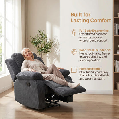 Trygoal Manual Recliner Chair, Nursery Rocking Chair, Corduroy Recliner Chair for Adults, Lazy Boy, Gaming Recliner wih Overstuffed Arms, Suitable for Home Theater, Living Room, Bedroom, Dark Grey