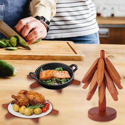 Smartwikiit Wooden Tree Trivet Set - 4 Heat-Resistant Sapele Wood Trivets with Stand for Hot Pots and Pans, Kitchen Countertop Protection, Christmas Tree Design Wooden Pot Holders