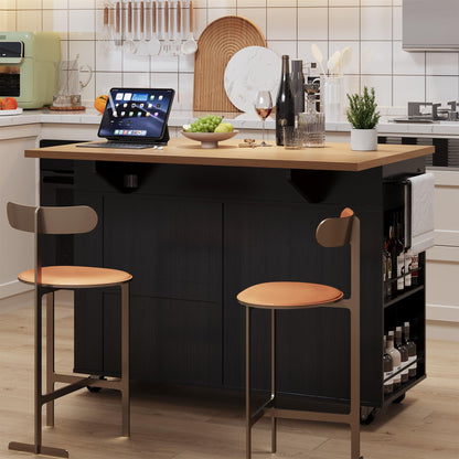 GarveeHome Rolling Kitchen Island with Drop Leaf Countertop, Charging Station & Ample Storage - 47.2 in Mobile Kitchen Cart On Wheels with Pull-Out Shelves, Drawers, Spice Rack & Organizer Divider