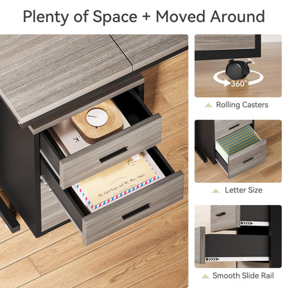LITTLE TREE 82.67" Long Executive Desk with Drawers, Large L-Shaped Office Desk with Mobile File Cabinet, Farmhouse Computer Office Furniture Work Desk with Storage for Home Office, Gray