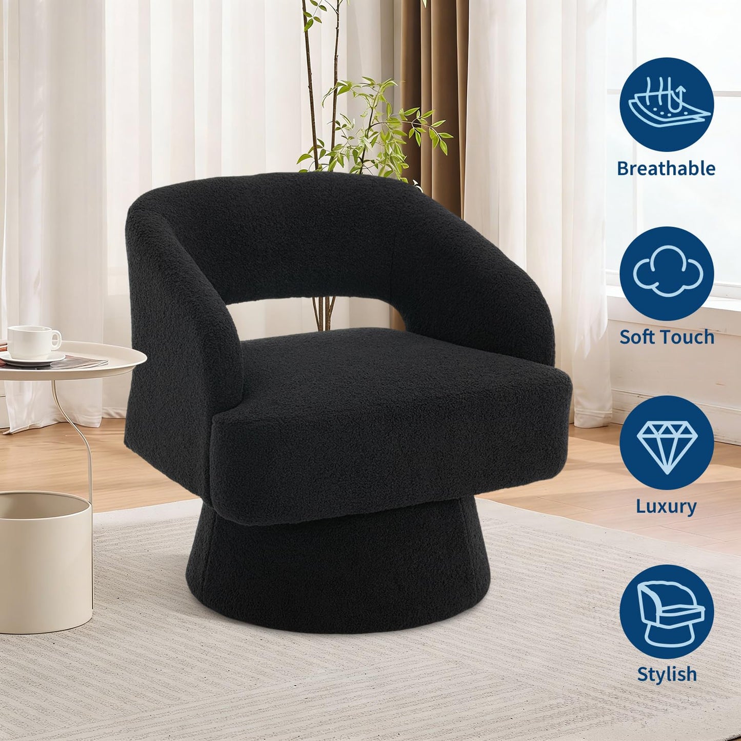 IDEALHOUSE Modern Swivel Accent Chairs Set of 2, Oversized Teddy Barrel Chairs, 360° Thickened Soft Cushion Rotating Round Arm Chairs for Living Room, Bedroom, Reading Nook, Black