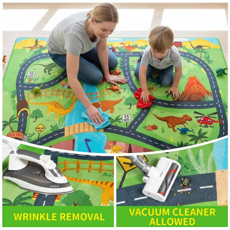 Car Rugs for Kids Toy,78.7"X59" Dinosaur Road Rugfor Kids,Non Slip Dino Safari Cars Track Rug,Washable Kids Carpet Playmat Rug for Playroom Bedroom Boys,Track Play Carpet for Kid