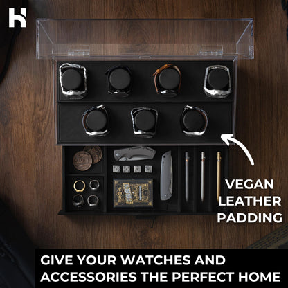 7 Slot Watch Box & Cleaning Kit Bundle – Large Wooden Watch Organizer Case + Full Watch Care Set (Crystal & Leather Care Restorer, Metal Cleaning Solution, Brushes, & Microfiber Cloth) | Gift for Men
