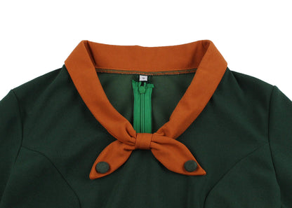 Nihsatin Women's Vintage-Inspired Green A-Line Dress with Orange Collar and Belt