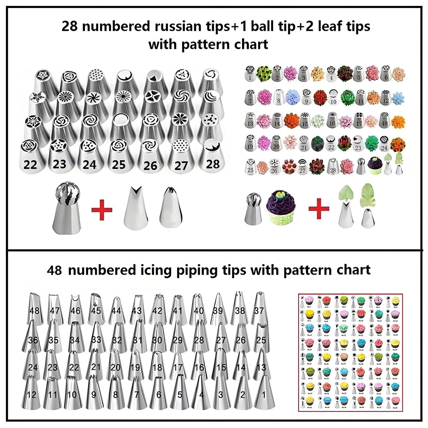 YOQXHY Russian Piping Tips Set, 193 Pcs with 28 Numbered Russian Tips, 48 Numbered Icing Tips, 1 Ball Tip, 2 Leaf Tips, Pattern Chart, 4 Couplers, 100 Pastry Bags & More for Cake Cupcake Decorating