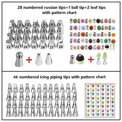 YOQXHY Russian Piping Tips Set, 193 Pcs with 28 Numbered Russian Tips, 48 Numbered Icing Tips, 1 Ball Tip, 2 Leaf Tips, Pattern Chart, 4 Couplers, 100 Pastry Bags & More for Cake Cupcake Decorating