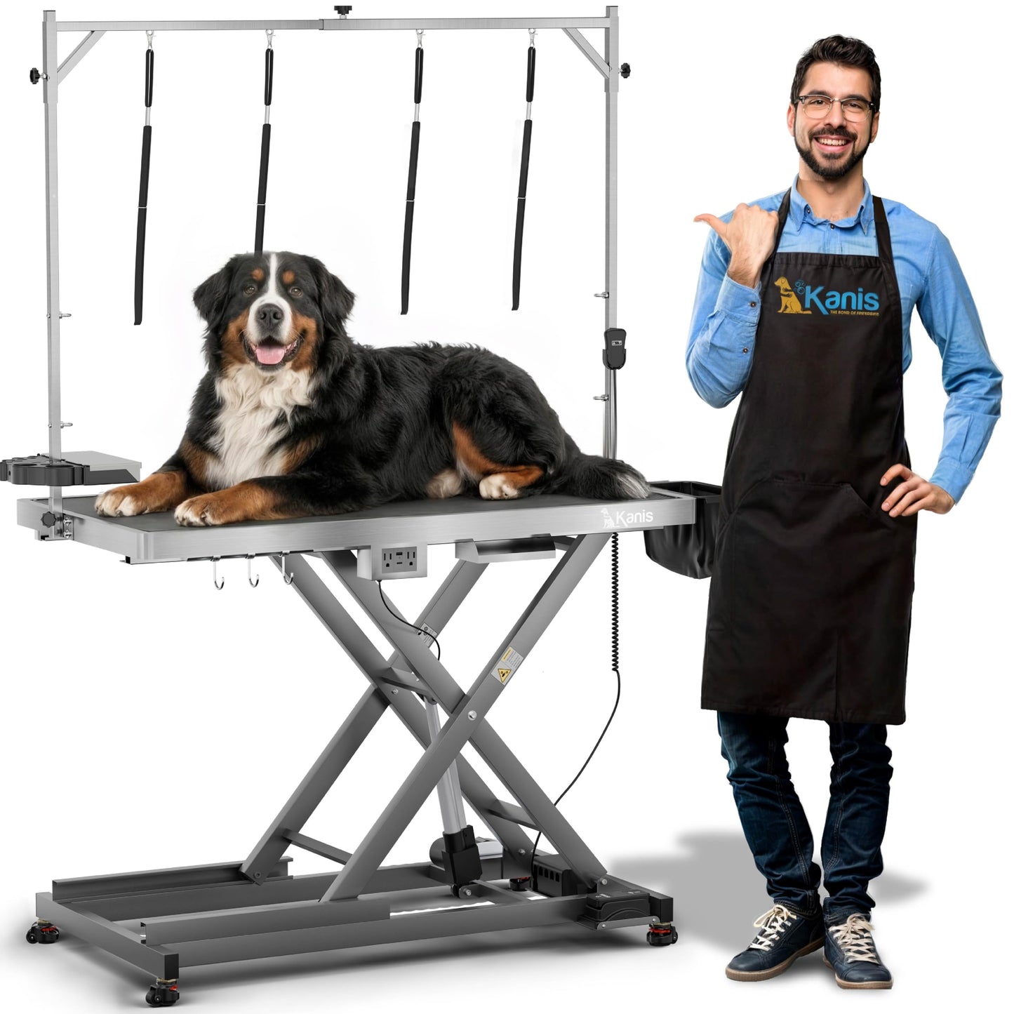 KANIS Professional Electric Dog Grooming Table - Heavy Duty, Height Adjustable Pet Grooming Table w/Leveling Wheels, Dog Grooming Arm, Anti-Slip Tabletop & Tool Organizer (Grey, 49")