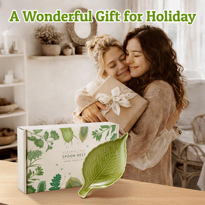 Ceramic Leaf Spoon Rest - Cute Green Cooking Spoon Holder for Stove Top & Kitchen Counter, Heat Resistant Spatula & Utensil Rest, Unique Kitchen Decor Gift, 1 Pack