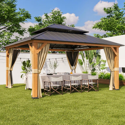 INTER HUT 13x15 Hardtop Gazebo with Netting and Curtains, Galvanized Steel Double Roof Outdoor Pavilion with Cedar Wood Frame, Patio Gazebo for Deck, Garden, Lawn, Natural Wood/Black