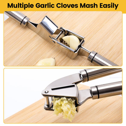 Garlic Press Mincer, 304 Stainless Steel Garlic Press with Garlic Peeler Tube, Heavy Duty Metal Ginger Press, Silver