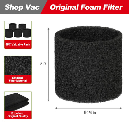 Shop-Vac 5989400 8 Gallon 6.0 Peak HP Wet/Dry Vacuum + 90585 Foam Sleeve Filter 5 Pack