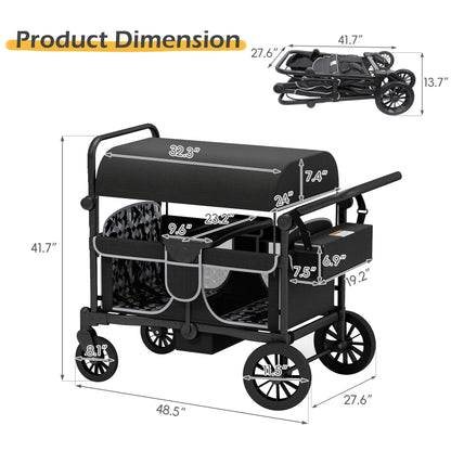 TOLEAD Wagon Stroller for 4 Kids, Foldable 4 Seats Outdoor Stroller Wagon with Canopy, Adjustable Handlebars, 5-Point Safety Harness, Detachable Tray, Portable Bag (Black)