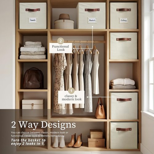 DECOMOMO Storage Bins - Fabric Cube Storage Bins with Labels for Shelves | 10.5" x 11" | Beige (2pcs)