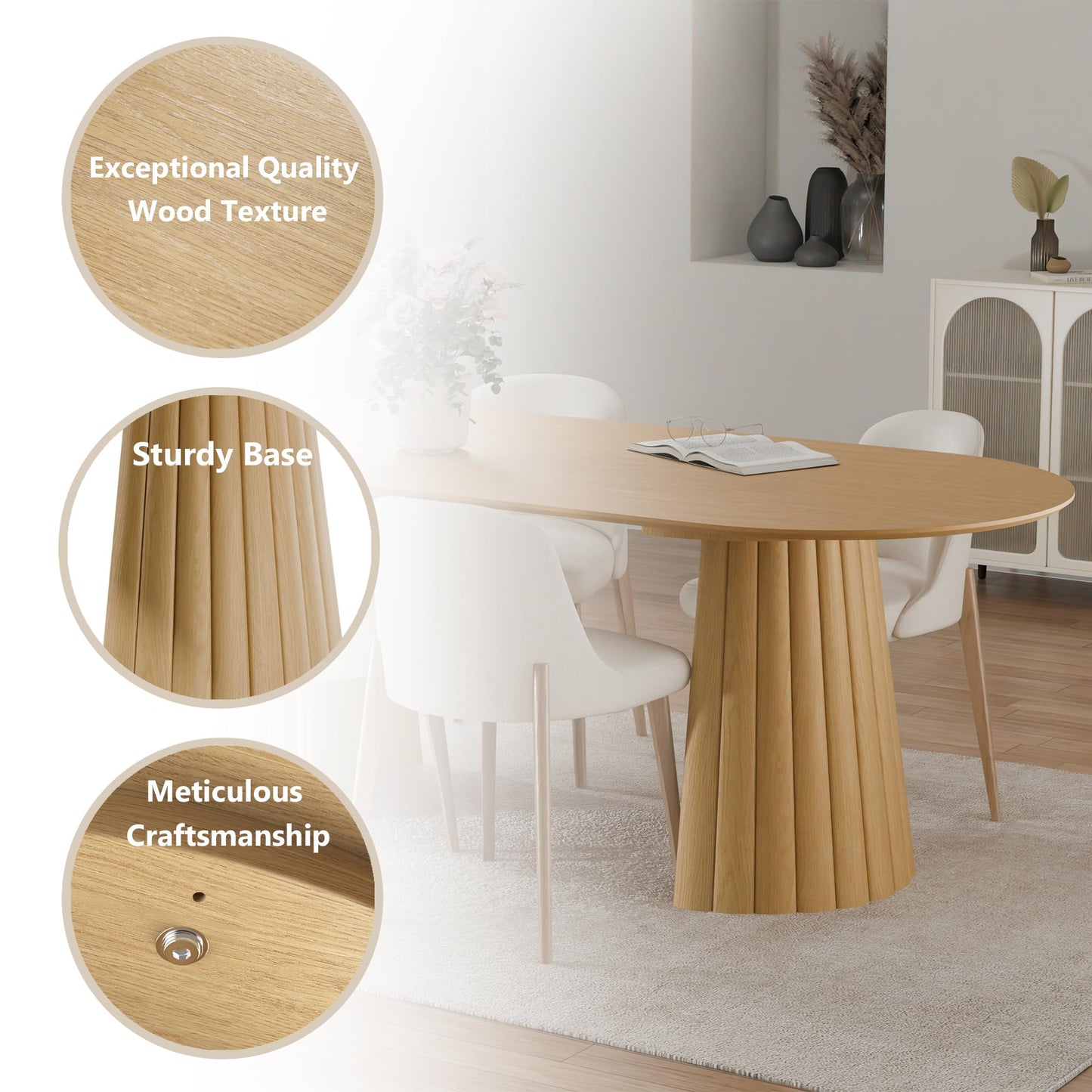 Casaphoria 79" Oval Dining Table, Modern Wood Kitchen Table with Cone Shaped Stripe Convex Base for Living Room & Dining Room, Easy Assembly Farmhouse Furniture for 6-8, Oak