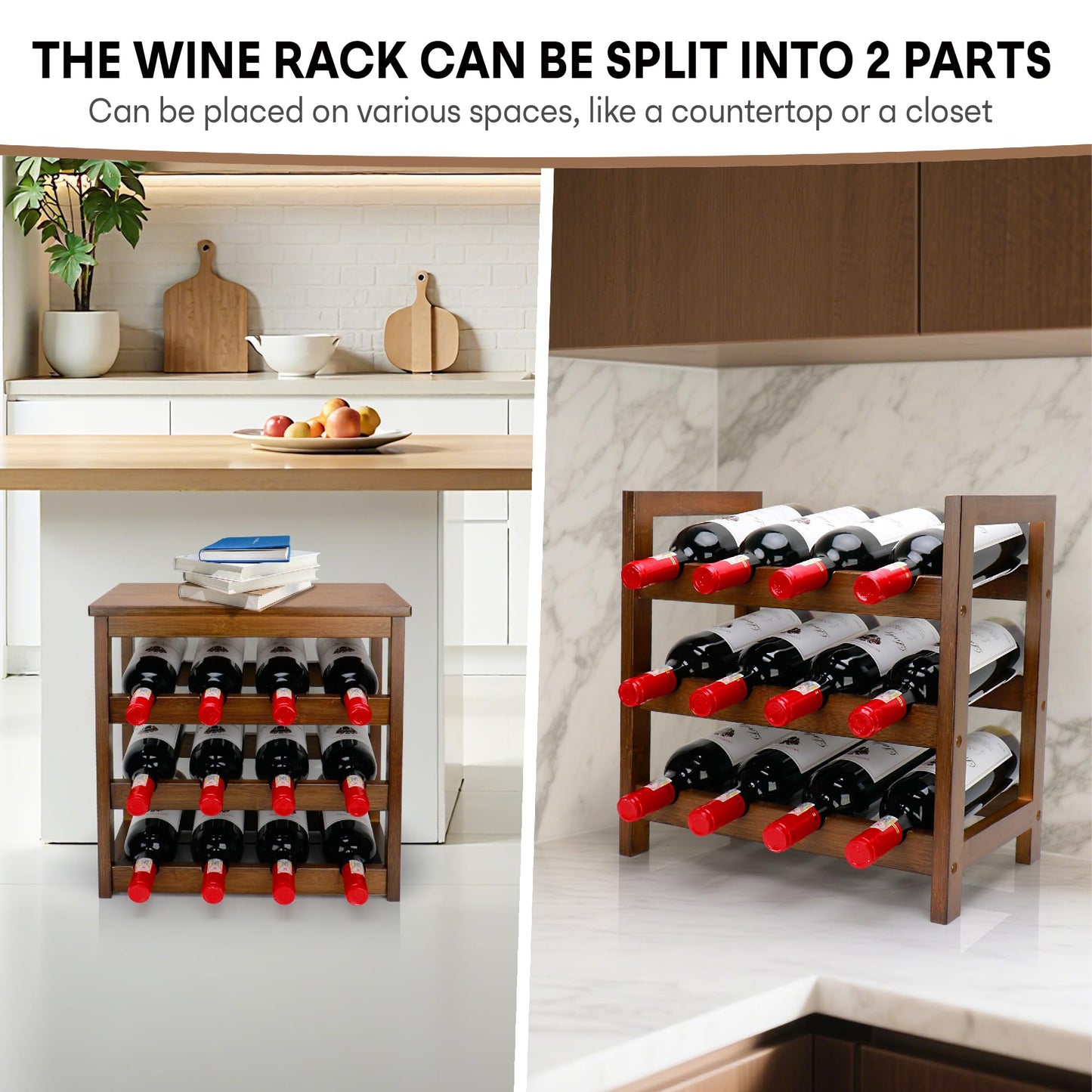 Thalomely Wine Rack Free Standing Floor, 6-Tier 24 Bottles Display Wine Storage Shelves with Table Top, Easy-Assembly Freestanding Bamboo Wine Racks for Kitchen Dining Room Bar, Walnut