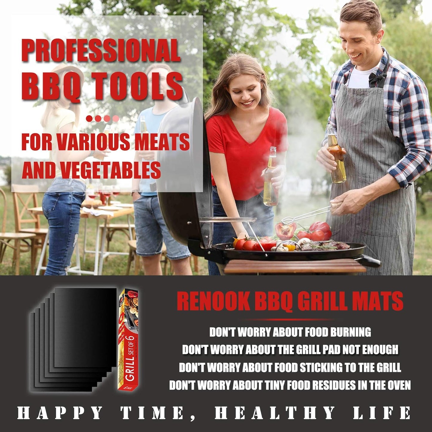 Renook Grill Mat Set of 6 | 100% Non-Stick Reusable Mats for Gas, Charcoal & Electric Grills - Easy to Clean, 15.75 x 13-Inch, Black