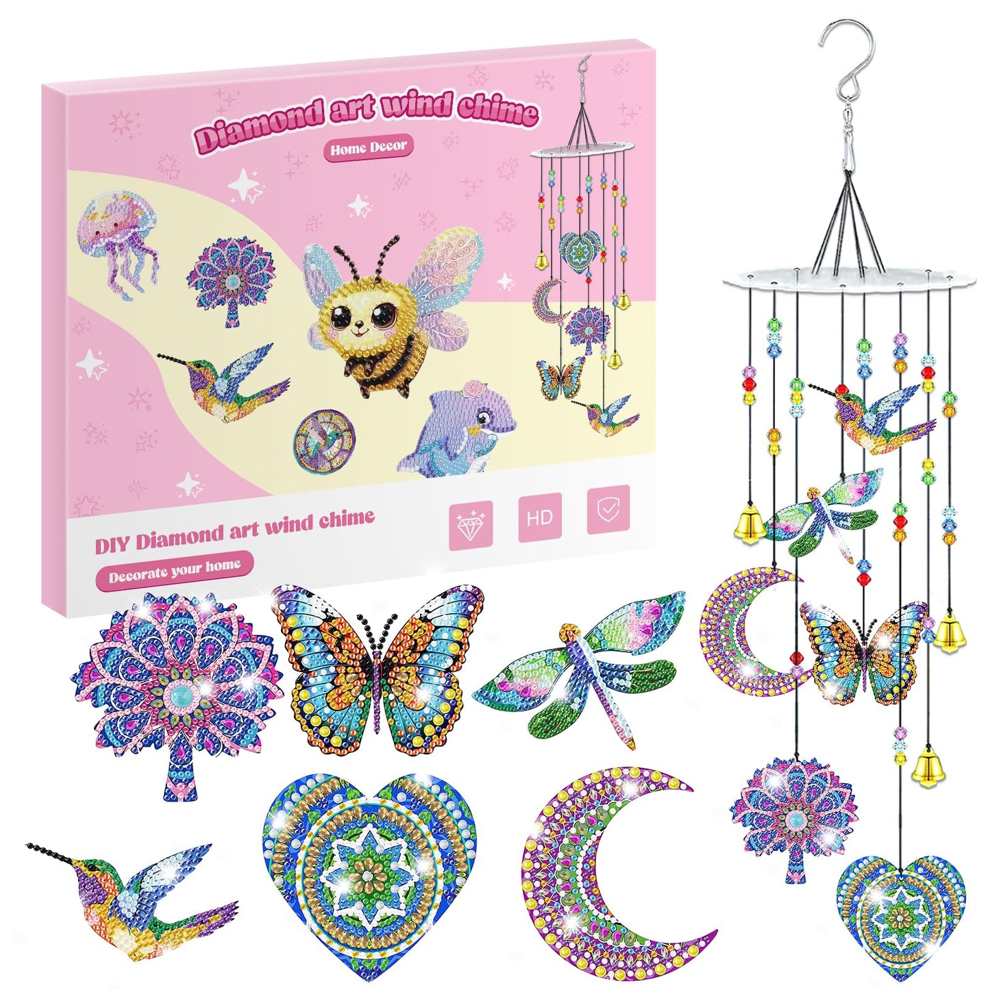 Bowetile 5D Diamond Art Kits for Adults, Mandala Diamond Art Wind Chimes, Diamond Painting DIY Wind Chime Suncatchers Kit, Crystal Gem Pendant Hanging Ornament Christmas Gift for Women Home Decor