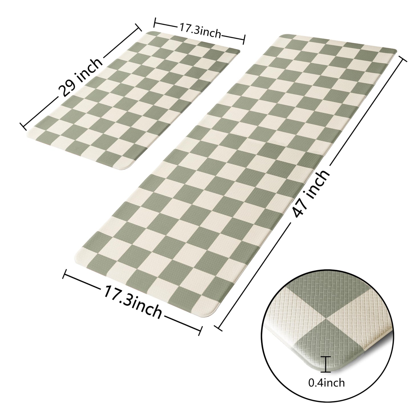 VivaNest Beige Sage Checkered Grid Checkerboard Kitchen Rug Sets [2 PCs], Anti-Fatigue, Waterproof Non-Slip Kitchen Mats Heavy Duty Comfort Foam Rug for Kitchen, Floor, Laundry,17"x29"+17"x47"