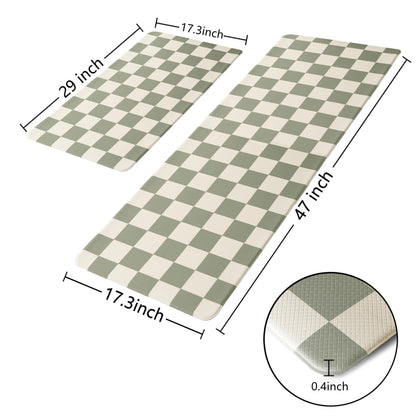 VivaNest Beige Sage Checkered Grid Checkerboard Kitchen Rug Sets [2 PCs], Anti-Fatigue, Waterproof Non-Slip Kitchen Mats Heavy Duty Comfort Foam Rug for Kitchen, Floor, Laundry,17"x29"+17"x47"