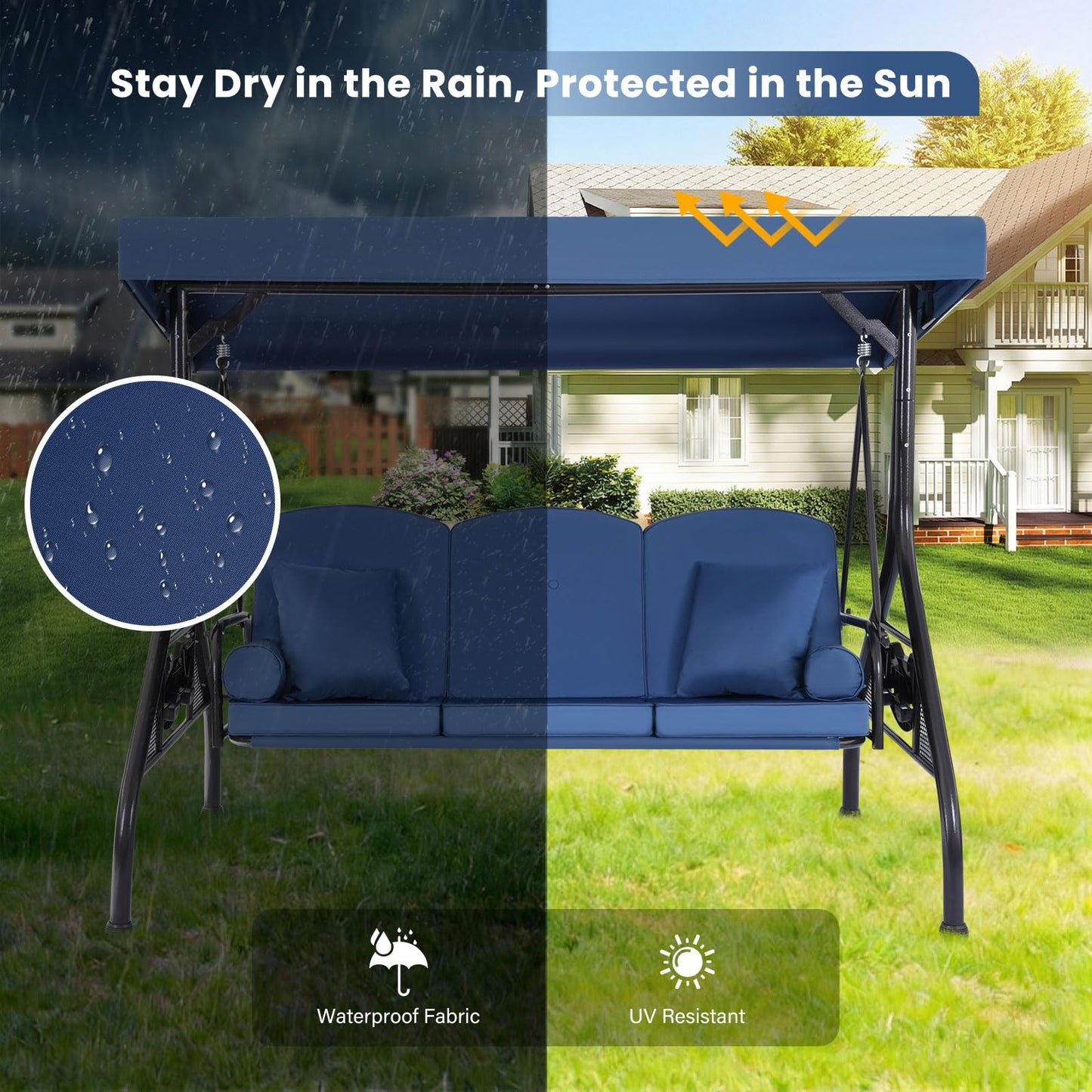 3 Seat Outdoor Porch Swing with Adjustable Canopy,2 in 1 Patio Swing Bed with Stand 800lbs for Adults,Outdoor Swing with Removable Cushion, Cup Holder ＆ Pillow for Backyard, Porch, Garden