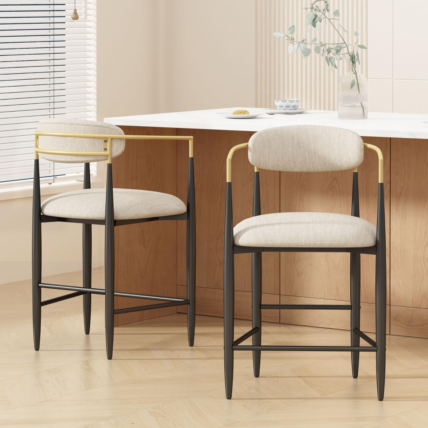 Merax 25" Fabric Upholstered Counter Stools with Backrest and Metal Frame Footrest,Set of 2,Modern Barstools