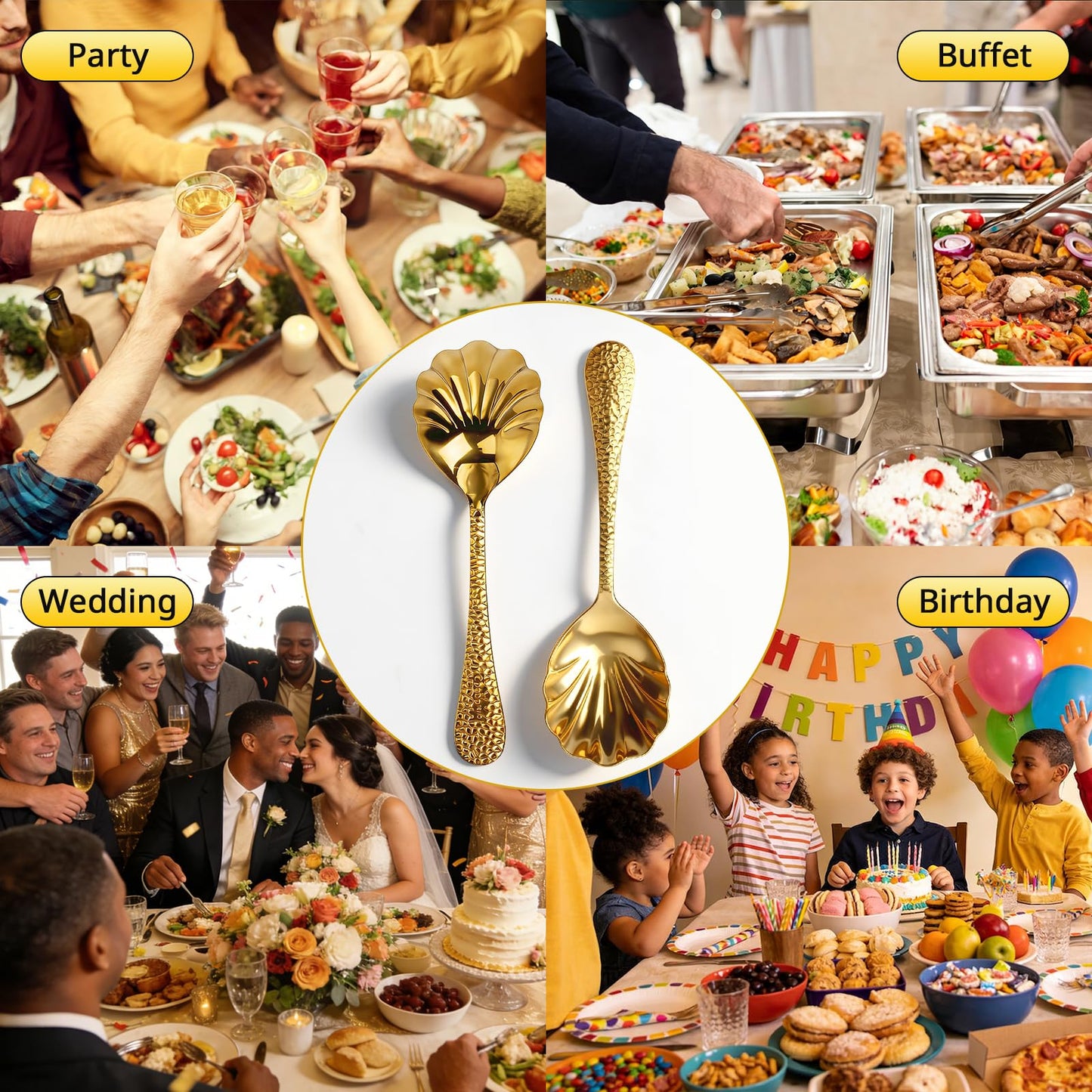 Serving Spoons 4Pack, 18/10 Stainless Steel Large Serving Spoons Set, Hammered Long Handle Serving Spoons for Buffet, Scalloped Design Serving Utensils for Kitchen Party Buffet Banquet (Gold)