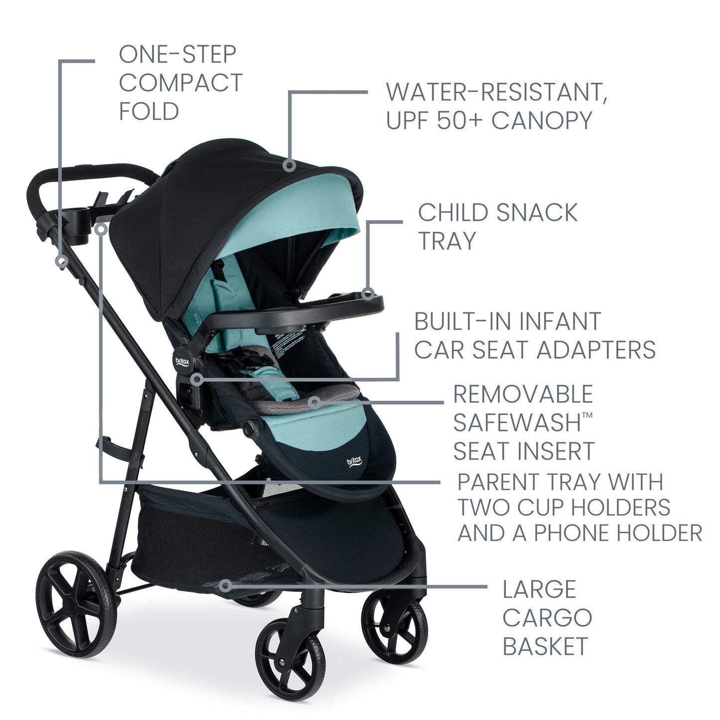Britax Willow Brook S+ Travel System, Infant Car Seat Stroller Combo With Willow S Infant Car Seat, Alpine Base, and Brook+ Stroller; ClickTight Technology, SafeWash Insert and Cover — Jade Onyx