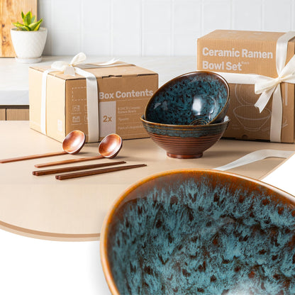 ArtifexCeram 8 Inch Ceramic Ramen Bowl Set of 2, 40oz Japanese Bowls with Spoons & Chopsticks,Durable,Microwave & Dishwasher Safe,Perfect for Ramen,Pho,Salad,Soup,Noodles，Mixing bowls（Verdigris Green）