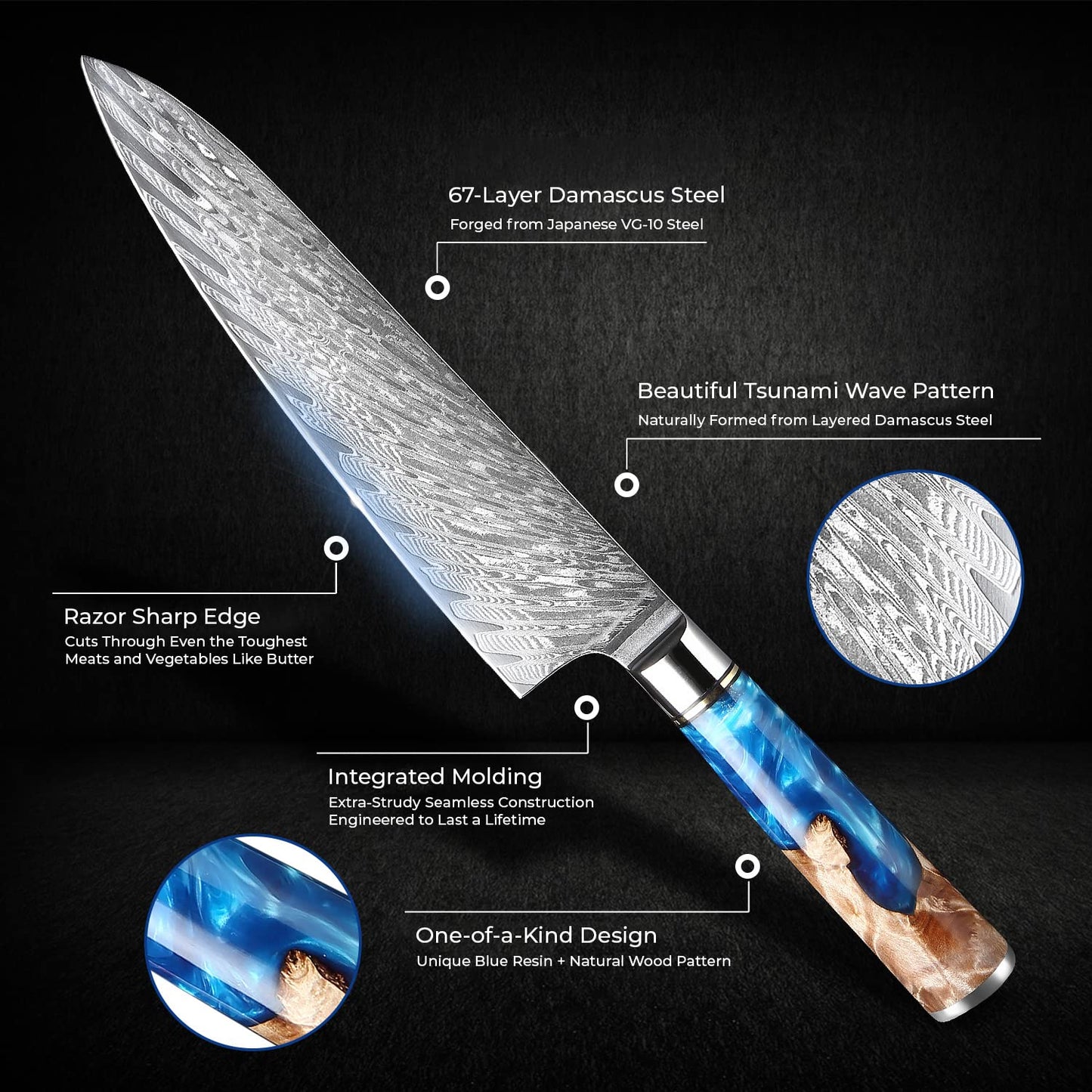 SENKEN 15-Piece Damascus Knife Block Set - "Tsunami" Collection Japanese Chef Knife Set - 67-Layer Japanese VG10 Steel Blades, Includes Chef Knife, Cleaver, 6 Steak Knives (Blue)