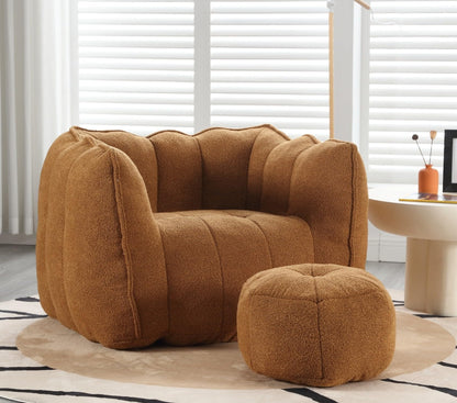 KEIKI Chenille Giant Bean Bag Sleeper Chair with Ottoman, Adults and Kids Lazy Floor Sofa Couch, High Resilient Foam Comfy Reading Chaise Lounge Recliner for Living Room Bedroom, Khaki