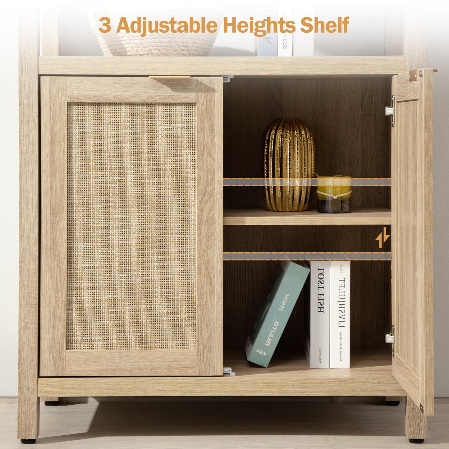SICOTAS Bookshelf 5 Tier Book Shelf Rattan Boho 71" Tall Bookcase with Doors Storage Shelves Large Bookshelves Farmhouse Bookcases Library Book Case for Living Room Bedroom Home Office Kitchen