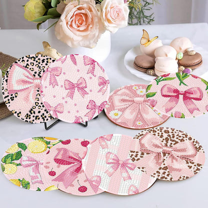 HHMATITS 8 Pcs Diamond Art Coasters Kit, Pink Bow Diamond Art Coaster with Holder Cork for Adults Beginners, 5D DIY Full Round Diamonds Painting Coasters Kit for Gifts 4X4 Inch