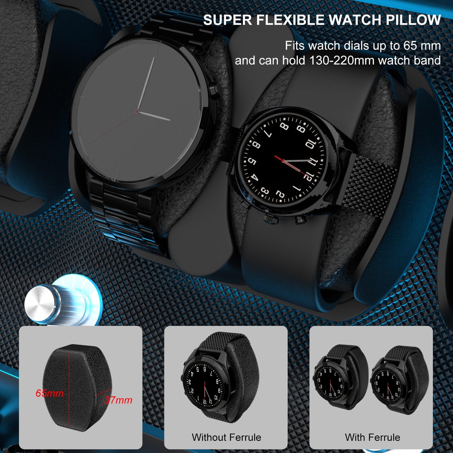 XTELARY Watch Winder for 12 Automatic Watches, Black Lockable Automatic Winders with Extra 6 Watch Storages, 4 Rotation Modes, Flexible Watch Pillows, Quiet Mabuchi Motor, and Blue Backlight