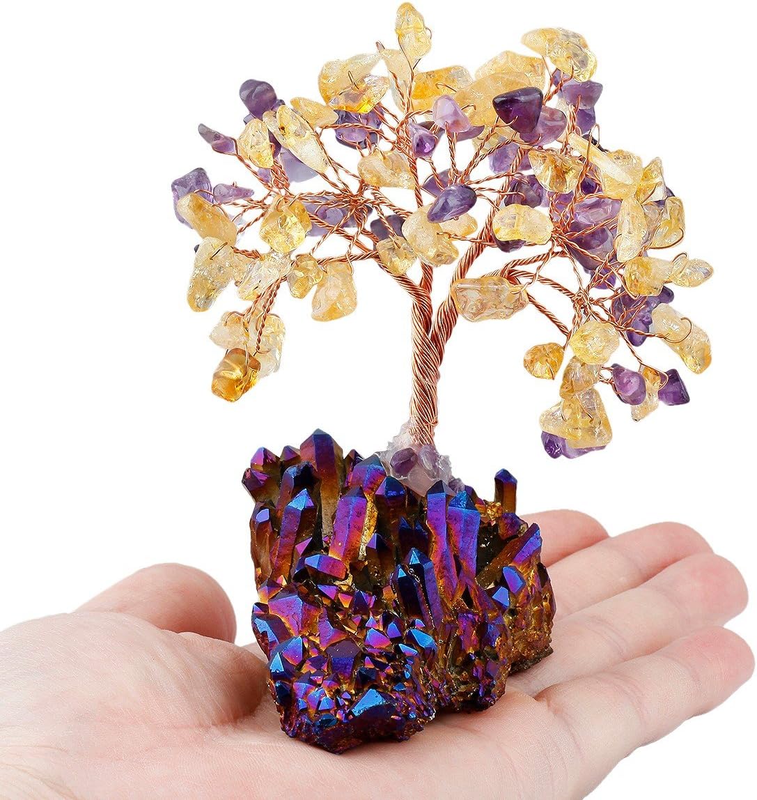 mookaitedecor Citrine & Amethyst Crystal Tree, Quartz Cluster Purple Titanium Crystals Base