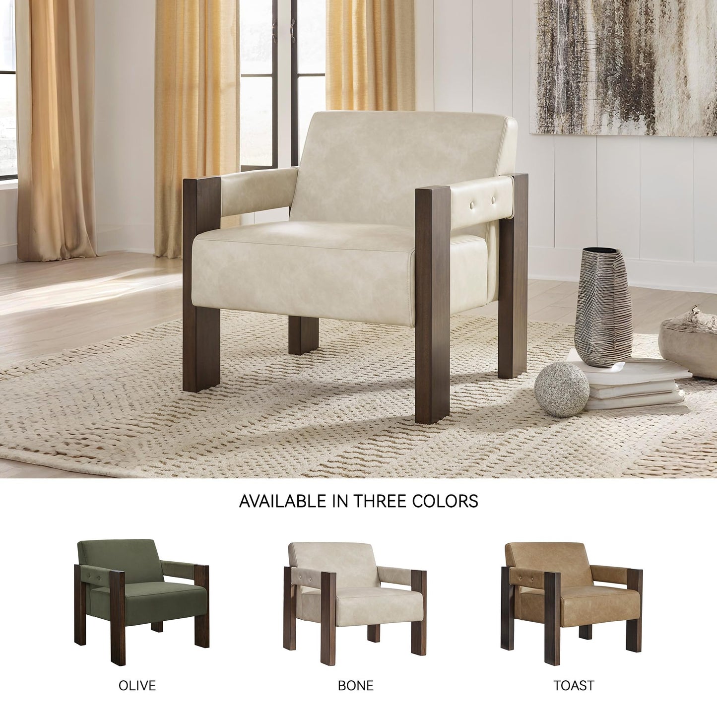 Signature Design by Ashley Adlanlock Contemporary Faux Leather Upholstered Solid Wood Accent Chair, Beige & Dark Brown