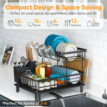 IMXSUMDA Dish Drying Rack, 2 Tier Dish Racks for Kitchen Counter, Compact Drying Rack Kitchen, Rust-Resistant Dish Drainer, Detachable Space-Saving Dish Rack with Drainboard, Utensil Holder, Black