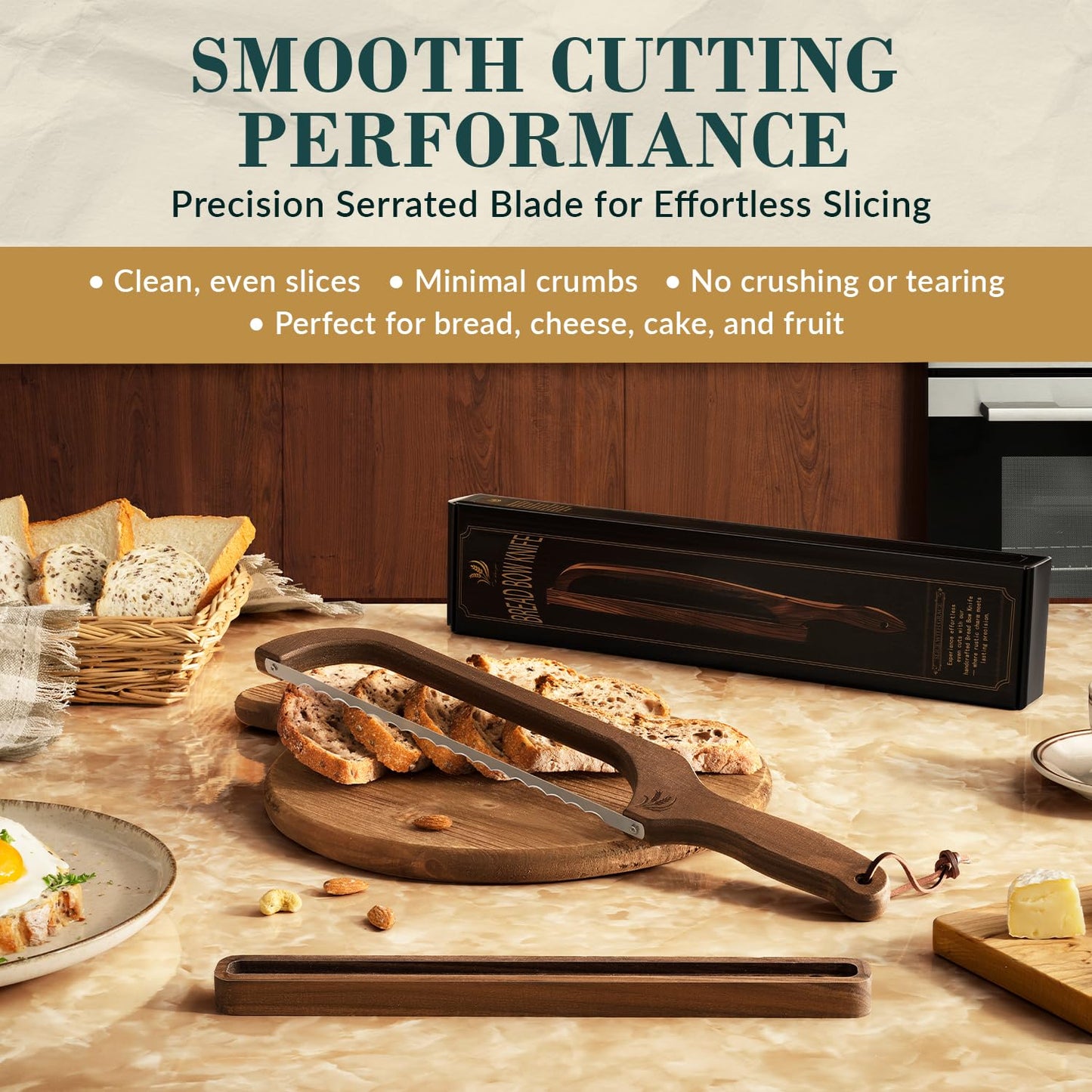 BreeziiDesign Bread Knife with Wooden Tray, 16.5" Serrated Sourdough Bread Knife, Premium Bow Bread Slicer for Homemade Bread, Bagels & Loaf, Stainless Steel Cutter (Black Walnut, Wide-Spacing)