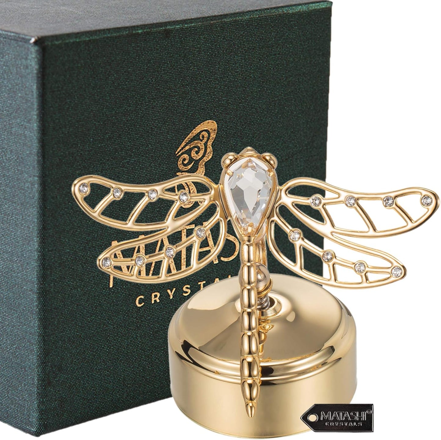 24K Matashi Gold Plated Music Box Plays You Are My Sunshine Crystal Dragonfly Tabletop Showpiece Elegant Gift