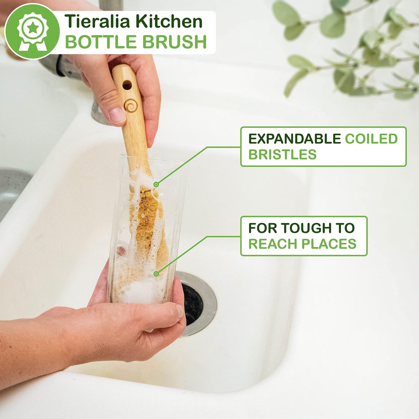 Tieralia Bamboo Dish Brush Gift Set – 5-Piece Kitchen Cleaning Set with Bottle Brush, Round Scrub Brush, Palm Brush & 2 Plant-Based Sponges | Wooden Handle Cleaning Tools for Dishes & Surfaces