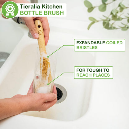 Tieralia Bamboo Dish Brush Gift Set – 5-Piece Kitchen Cleaning Set with Bottle Brush, Round Scrub Brush, Palm Brush & 2 Plant-Based Sponges | Wooden Handle Cleaning Tools for Dishes & Surfaces