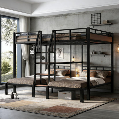 Bellemave Queen Over Twin & Twin Bunk Bed with Shelves, Metal Triple Bunk Beds with Safety Guardrails and Underbed Storage, Heavy-Duty 3 Bunk Beds for Kids, Teens, Adults, No Box Spring Needed, Black