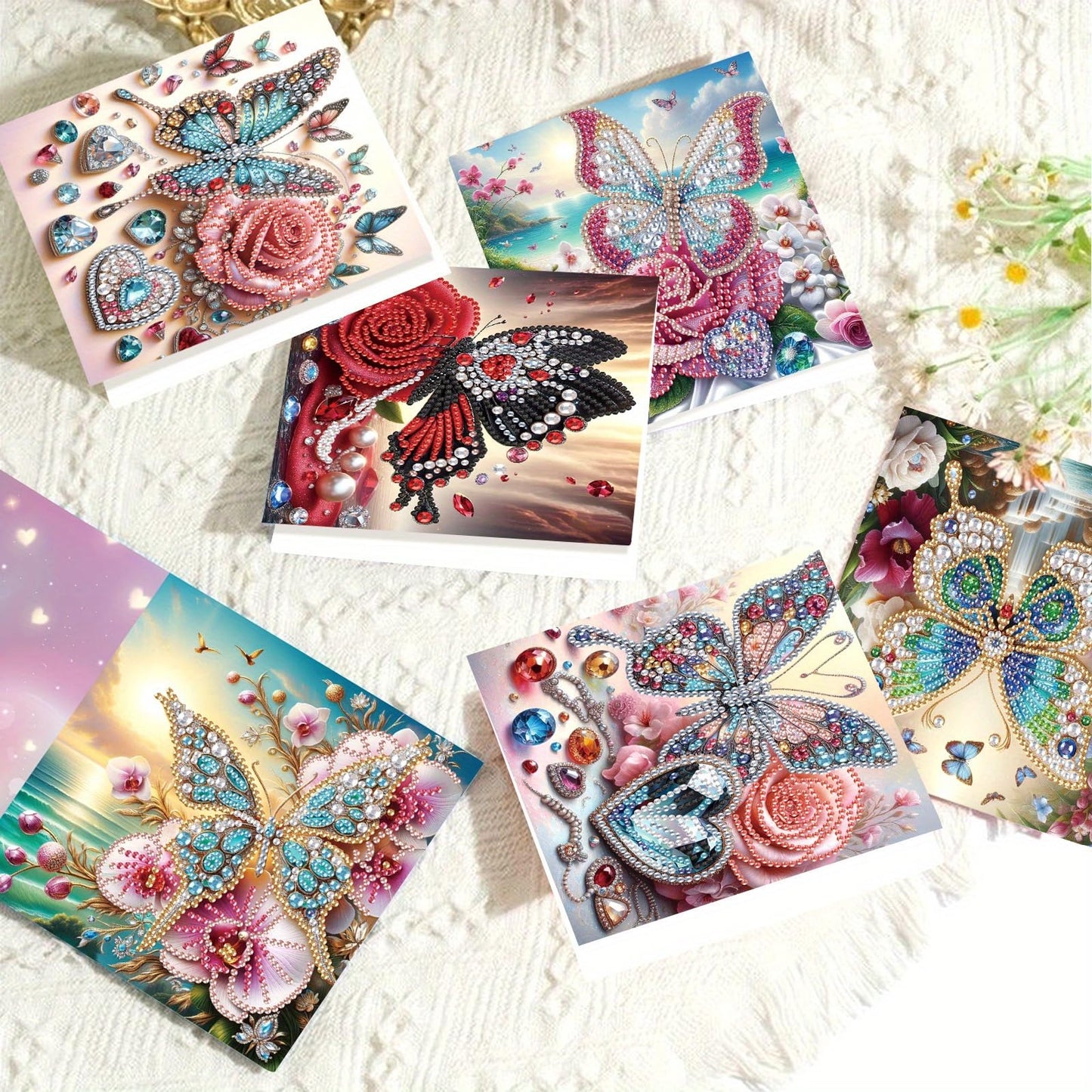 Tontut 8pcs Flower Butterfly Diamond Art Painting Greeting Card, 5D DIY Special Shape Diamond Painting Christmas Birthday Mother's Day Father's Day Teacher's Day Greeting Card Creative Gifts