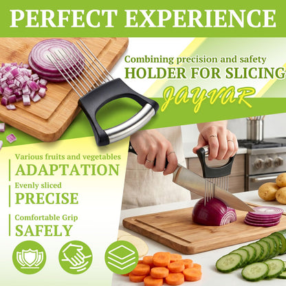 JAYVAR Onion Holder for Slicing, Stainless Steel Onion Slice Holder with 10 Long Needles, Onions Cutter Vegetable Chopper, Onions Chopper Tool, Food Slicing Guide for Neat Slicing,Tomato Potato Cutter